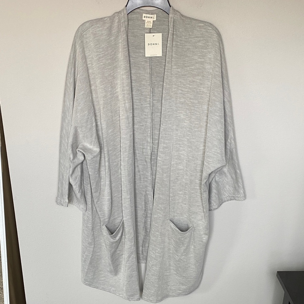 DONNI. Ribbed and Striped Sandwash Cardigan - Plus One Size Fits All